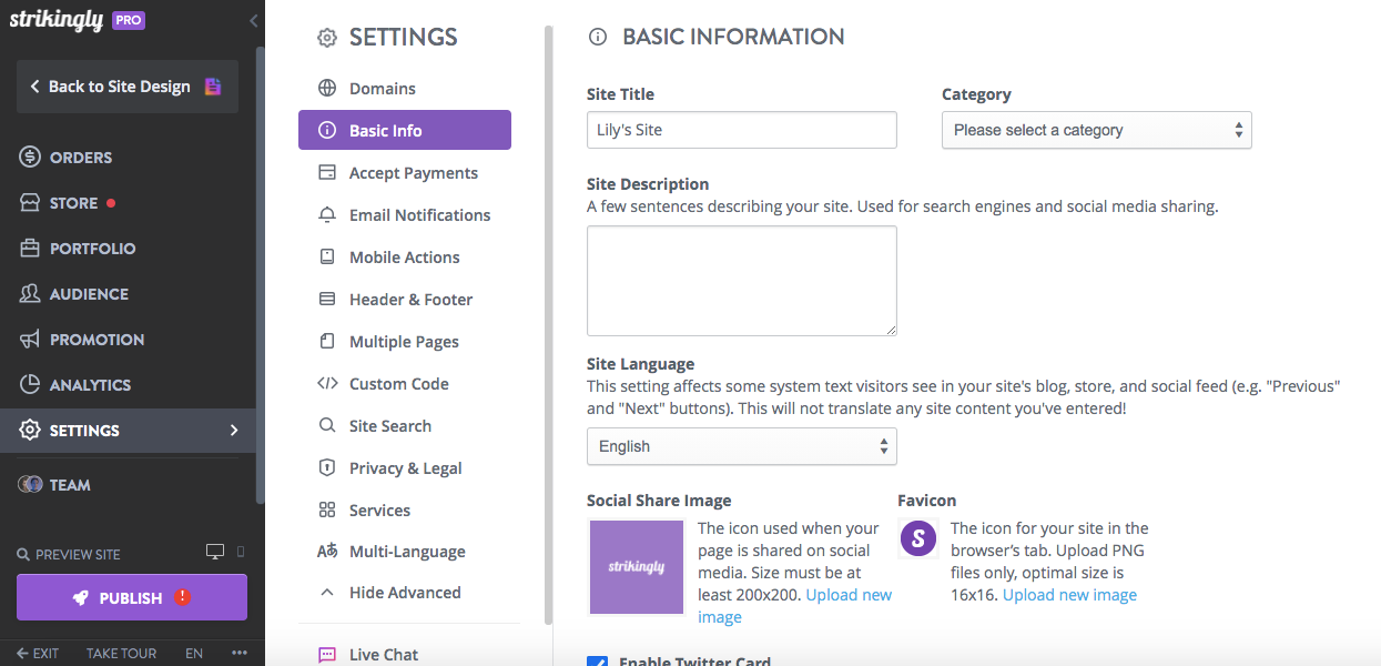 Screenshot of Strikingly editor showing how to add a site description Screenshot of Strikingly editor showing how to add a site description